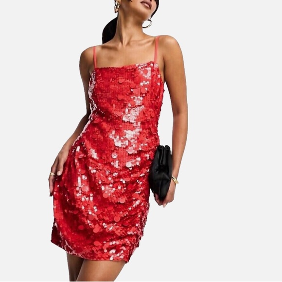 NWT ASOS EDITION Drape Side RED SEQUIN Party COCKTAIL Cami MINI DRESS US 10 - Picture 2 of 13